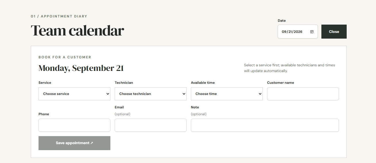 Administrative form for booking an appointment on behalf of a customer