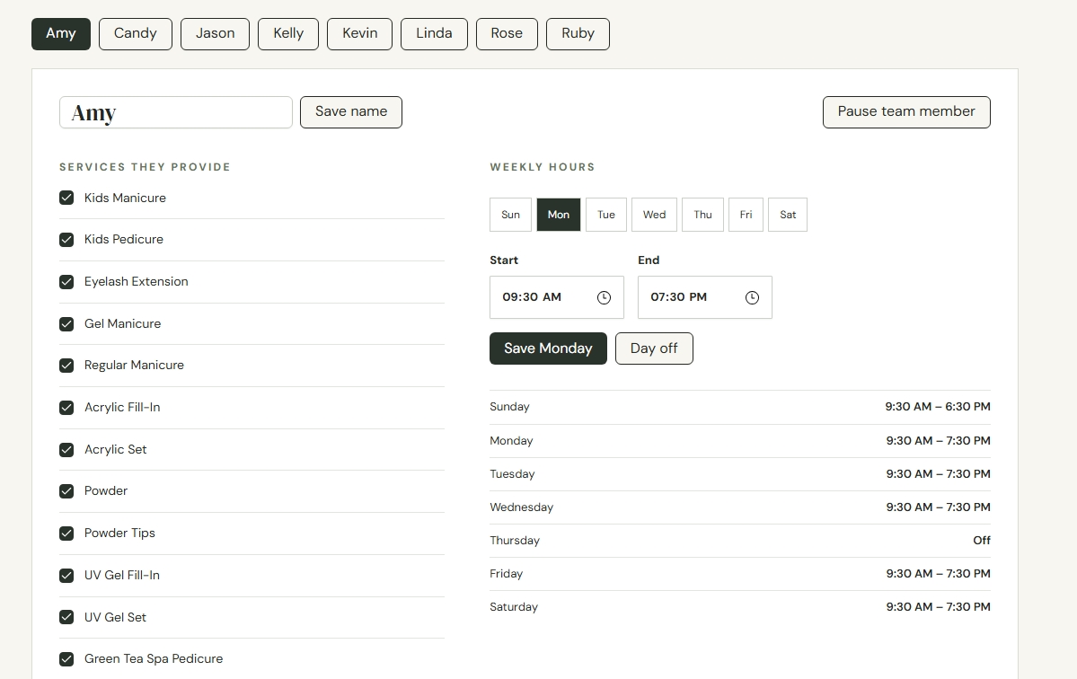 Team member editor with service assignments and weekly working hours