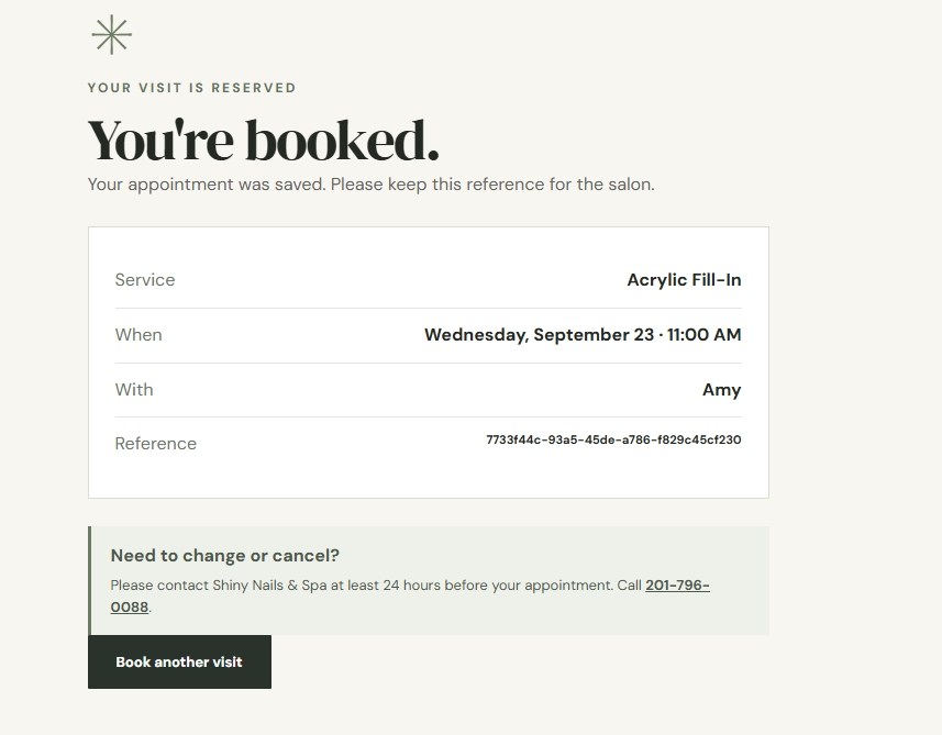 Appointment confirmation with service, time, technician, and reference number