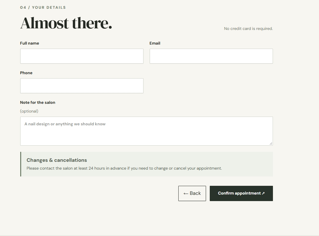 Customer details and appointment notes form